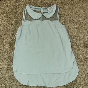 LC light blue petal collar top with sheer décolletage